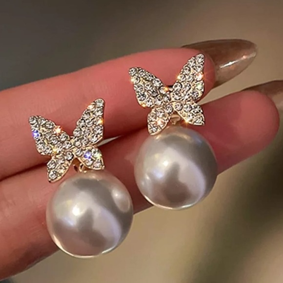 Imitation Pearl Earrings for Women Rhinestone Butterfly Hollow Heart Tassel Earr - Picture 6 of 6